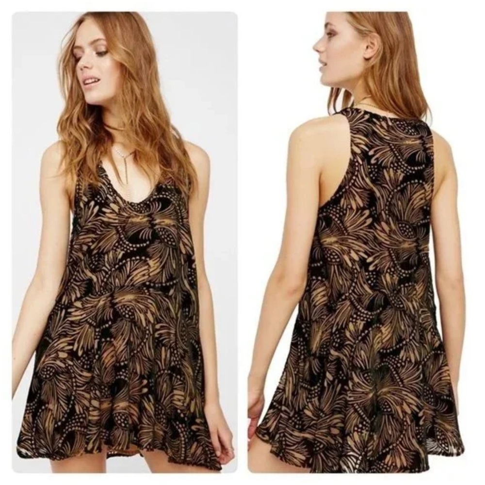 Free People Ellie Black and Gold velvet burnout mini dress tunic size M NWT
